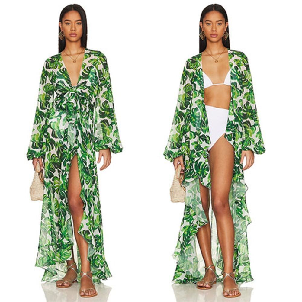 NWT Caroline Constas Charlize Coverup Palm Leaf Print Long Dress Green Size: XXS